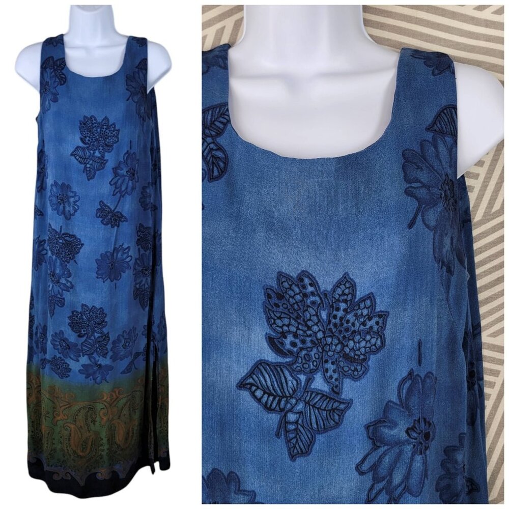 Vintage 90s Party Slip Dress size Smal Long Maxi Grunge alt Blue Floral Hippie